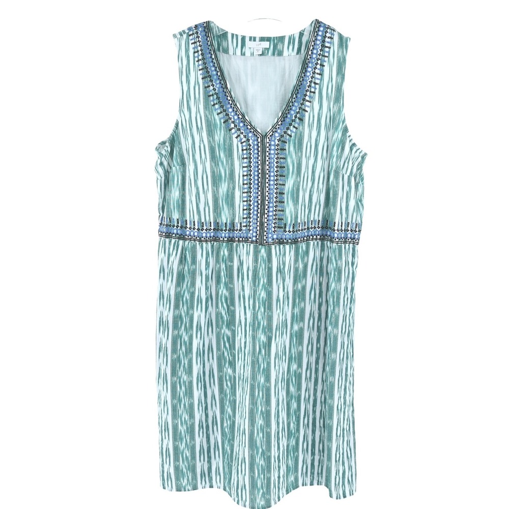 100% Cotton J. Jill Womens Teal Green Ikat Stripe Embroidered Sleeveless Dress M